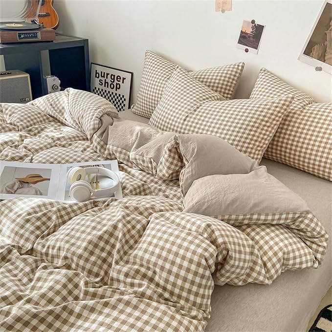 Nayoroom Gingham Duvet Cover Full Size Brown Tan Plaid Checkered Comforter Cover 3 Pieces Soft Lightweight Washed Microfiber Farmhouse Grid Dorm Bedding Set with Pillowcases