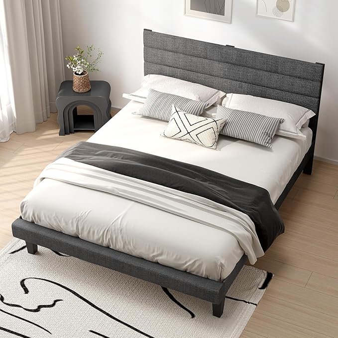 VINGLI Platform Bed Frame Queen Size with Linen Fabric Headboard,Modern Panel Low Profile Bed with Upholstered & Sturdy Slats Support for Bedroom, Mattress Foundation, Dark Gray