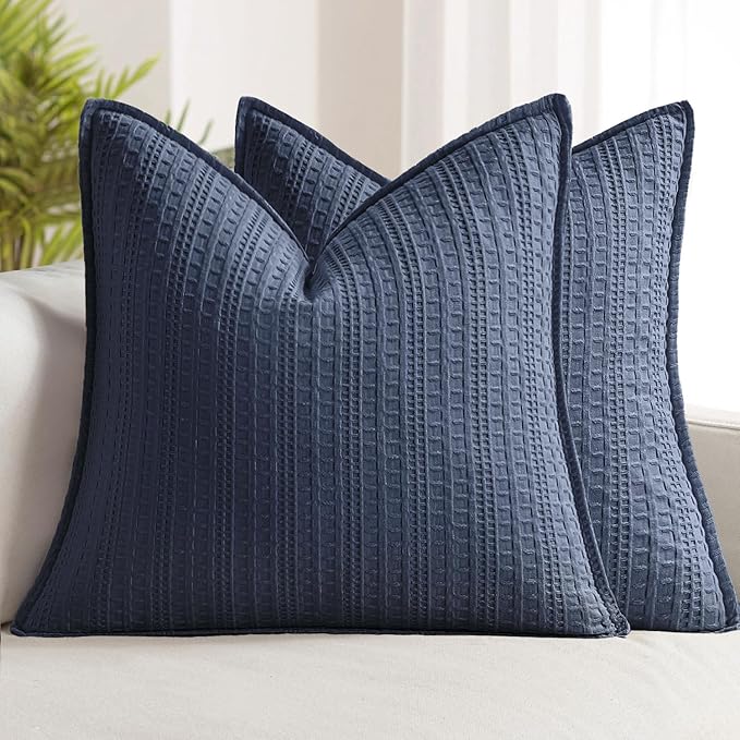 Set of 2 Decorative 100% Cotton Waffle Euro Sham Pillow Covers 26x26, Neutral Throw Pillows Weave European Cushion Cases for Couch Sofa Bed Modern Farmhouse Home Decor, Navy Blue