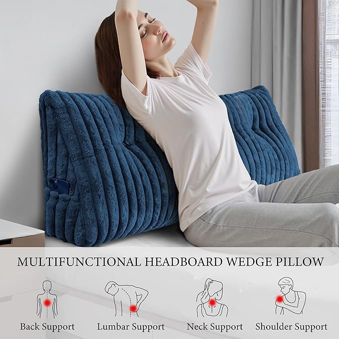 Headboard Pillow Queen, Triangular Wedge Pillow Headboard Queen, Cushion Headboards Reading Pillows, Backrest Pillows for Sitting in Bed or Working with Removable Cover, Blue