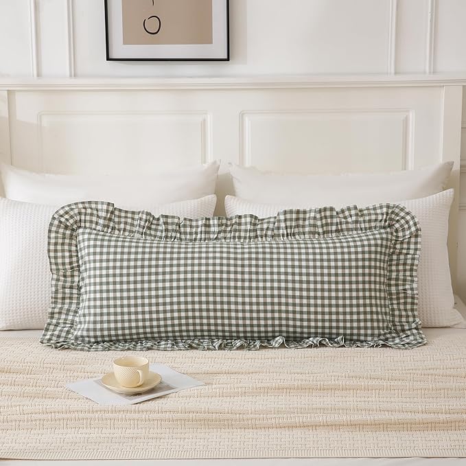 14x36 inches Sage Green Plaid Ruffle Lumbar Pillow Sham 1 Piece, Pure Cotton Gingham Decor Pillowcase French Country Vintage Cushion Cover for Bedding Couch