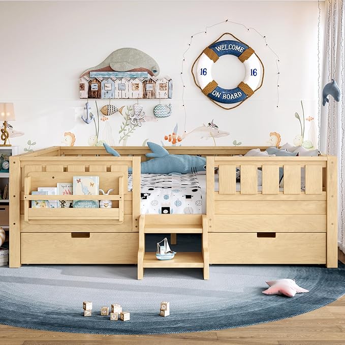 Bellemave Full Size Bed Frame with Storage Drawers & Bookshelf, Low Profile Kids Bed with Staircase & Full Length Guardrails, Solid Wood Full Size Bed Frame Kids with Slats Load 450 LBS, Natural