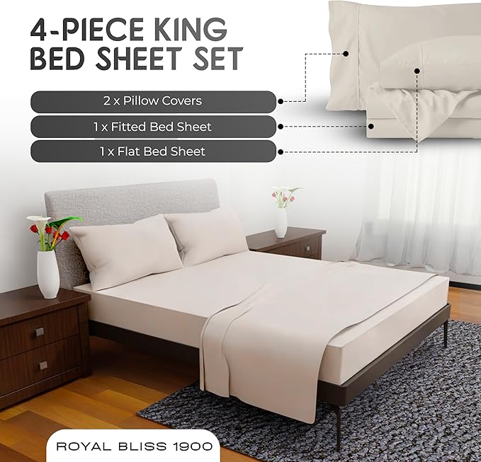Royal Bliss King Size Sheets Set - 4 Piece Bedding, Wrinkle Free, Double Brushed, Cooling Sheets, Ivory