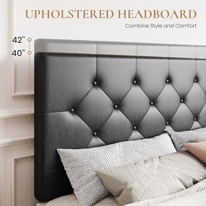 SHA CERLIN Upholstered Full Platform Storage Bed Frame with 4 Drawers, Adjustable Headboard with Faux Leather Diamond Button Tufted Design, Wooden Slat Support, No Box Spring Needed, Black