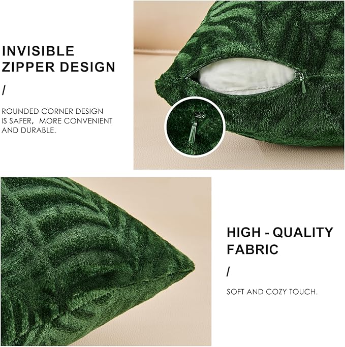 SOCHOW Decorative Throw Pillow Covers 18x18 Inches Set of 2, Soft Leaves Textured Flannel Fleece Pillowcase Square Cushion Covers for Sofa Couch Bed, Olive Green