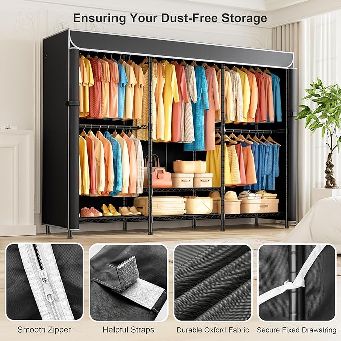 SEMHOR K01C Heavy Duty Clothes Rack with Cover, Freestanding Portable Closet System with Shelves, Adjustable Carbon Steel Garment Rack, Black Clothing Racks for Hanging Clothes, 860LBS Max Load