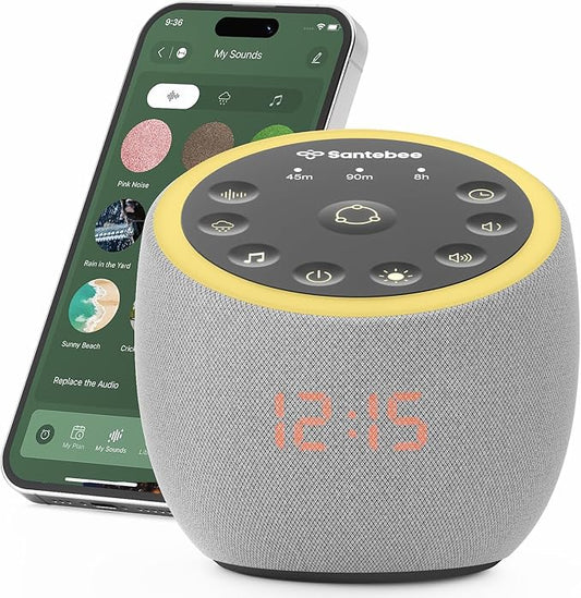 Santebee Sound Machine for Sleep, White Noise Sound Machine 388 Soothing Sounds, 3 Custom Buttons Smart APP Control Night Light, Noise Canceling Dimmable Clock for Adults Baby Kids Lullaby Office