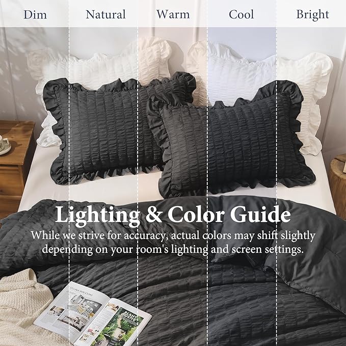JOLLYVOGUE Black King Comforter Set, 3 Pieces Seersucker Comforters King Size, Lightweight & Fluffy Bedding Sets King for All Season with 1 Ruffle Comforter and 2 Ruffle Pillowshams