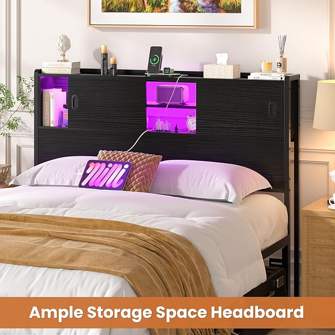 Homieasy Full Storage Headboard with Sliding Doors, Bookcase Headboard with Charging Station & Smart LED Light, Headboard Only for Full Bed, Wood Headboards with Bookshelf