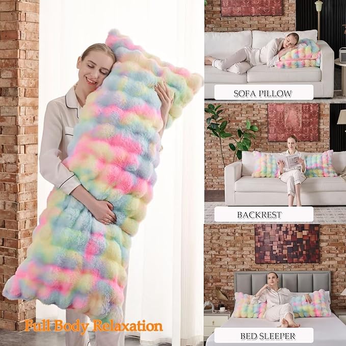 Luxury Shaggy Faux Fur Body Pillow,Fluffy Bed Pillow with Zipper Closure, Soft Decorative Plush Full Long Pillow,Fuzzy Hug Pillow for Home Living Room Side Sleeper & Pregnancy 20"x54" Rainbow