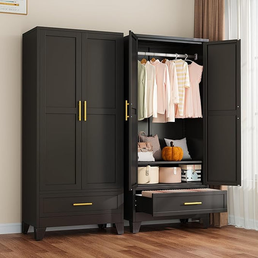 winiowa Metal Armoire Wardrobe Closet with Drawer, 71" Wardrobe Cabinet with Adjustable Shelves and Hanging Rod, Clothing Storage Cabinet Closet for Bedroom-Black