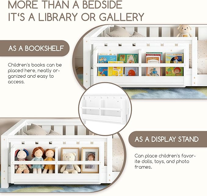 Bellemave Full Size Floor Bed Frame with Fence & Bookshelf, Solid Pinewood Montessori Floor Bed Full with Slats Load 450LBS, Low Profile Floor Bed for Kids, Nursery, Bedroom, Easy Assembly, White