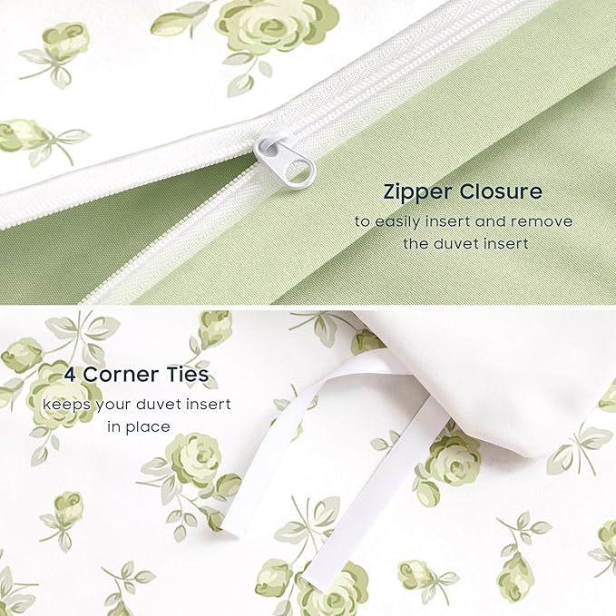 Wake In Cloud - Coquette Duvet Cover Set, Floral Cottagecore Flower Shabby Chic Cute Aesthetic, Soft Lightweight Bedding for Women Teen Girls, 3-Piece, White Green, Full Size