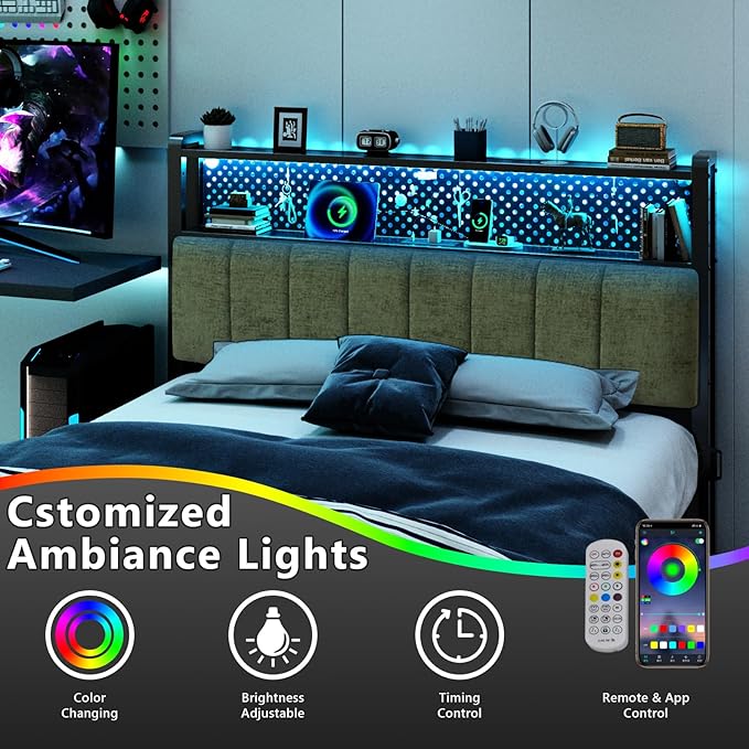 VINGLI Sage Green King Size Headboard for Bed with Storage, Upholstered Head Board with Charger and LED Light, 2 Tier Shelves and Pegboard,Height Adjustable