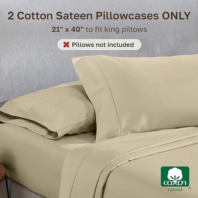 California Design Den Cotton King Pillowcase Set - 400 Thread Count, 100% Cotton Pillowcases, Set of 2 Pillow Covers, Soft and Breathable - Beige (Golden Tone)
