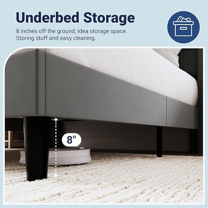 Allewie Queen Size Platform Bed Frame with Charging Station & Storage Headboard, Upholstered Velvet Wingback Design & USB Port, Strong Wooden Slats Support, No Box Spring Needed, Easy Assembly, Grey