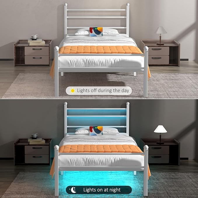 J.Fkne Twin Bed Frame with LED Lights & Charging Station, Metal Platform Bed with Headboard, Heavy Duty Metal Slats, No Box Spring Needed, Noise Free, Easy Assembly, White
