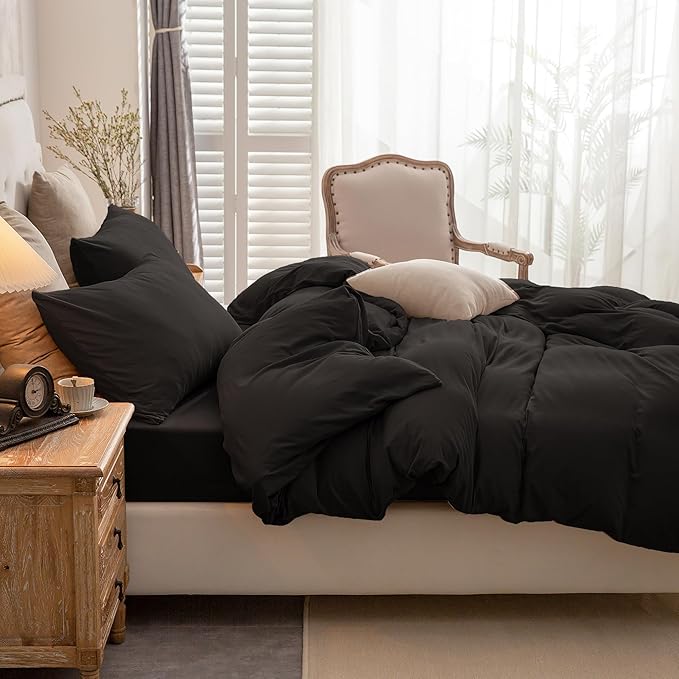 PURE ERA Jersey Knit Duvet Cover Set 100% T-Shirt Cotton Super Soft Comfy 3pc Bedding Set with Zipper Closure (Solid Black, Full)