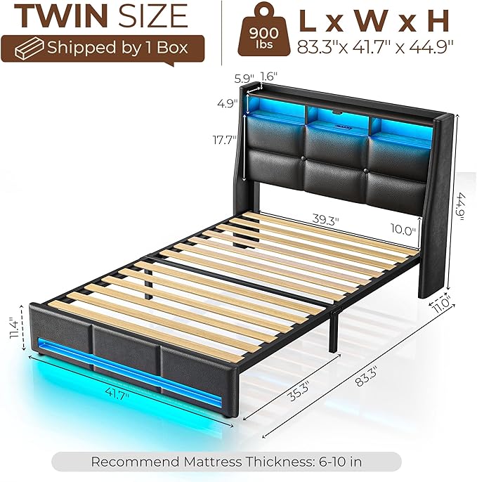 Rolanstar Twin Size Bed Frame with LED Lights and Charging Station, Upholstered Headboard with 2-Tier Storage Shelves, Heavy Duty Metal Frame, Noise-Free Support, Easy Assembly, No Box Spring Needed