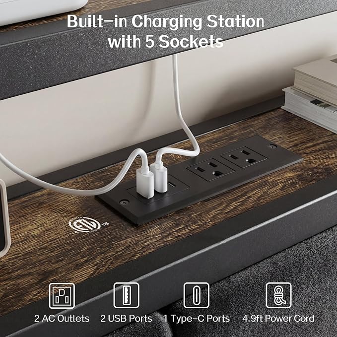 OLEVS Twin Bed Frame with LED Light Storage Headboard and Charging Station Type C, Metal Platform Bed Twin Size,No Box Spring Needed, Noise Free, Easy Assembly