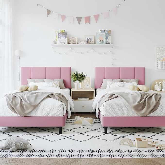 Twin Bed Frame, Padded Platform Bed Frame with Velvet Headboard, Vertical Quilted Design, Sturdy Slatted Mattress Base, No Spring Mattress Required, Easy to Assemble, Pink