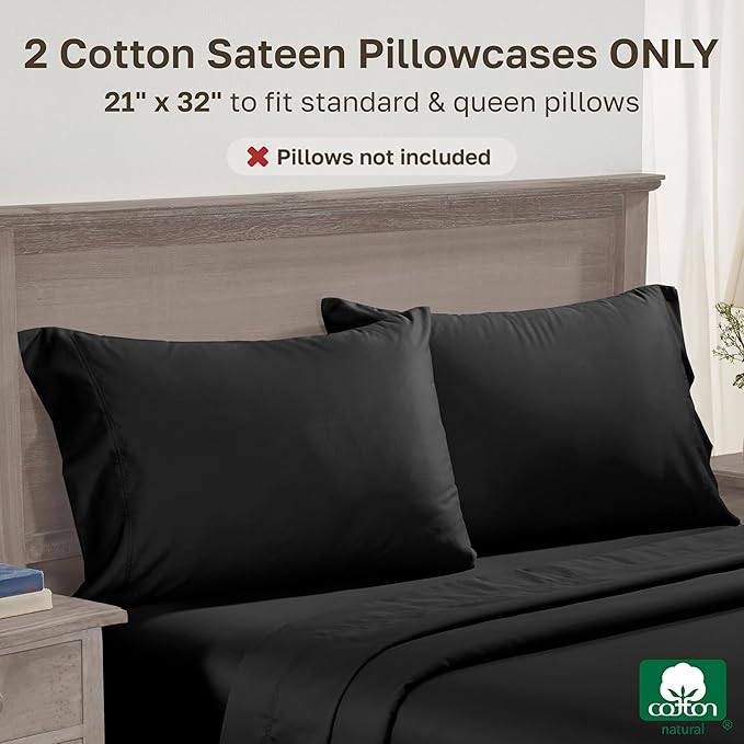 California Design Den Premium Pillow Cases Queen Size Set of 2-600 Thread Count Sateen, Natural 100% Cotton Pillow Cases Standard/Queen, Crisp, Durable Bedding - Black
