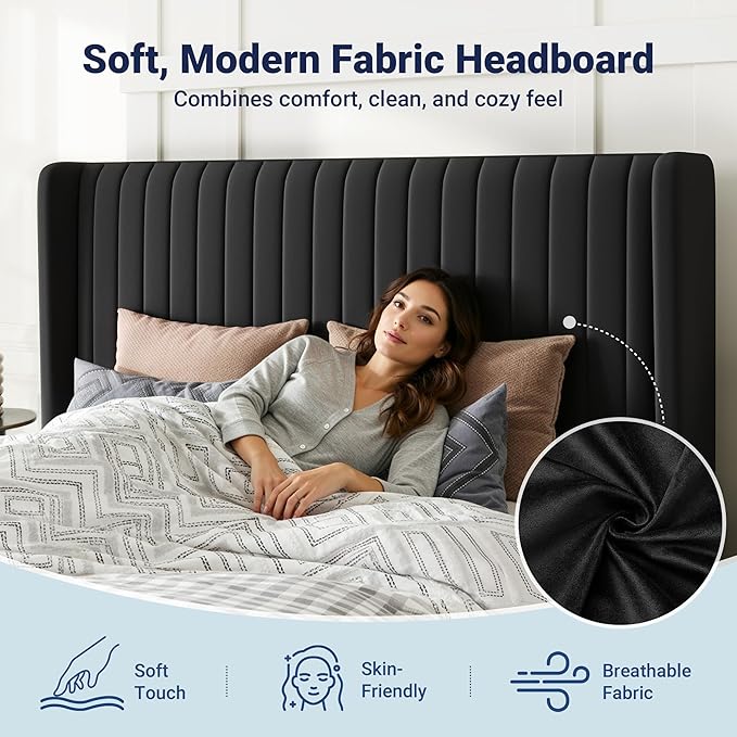 Allewie Queen Size Lift Up Storage Bed Frame, Hydraulic Support System, Upholstered Platform Bed Frame, Underneath Storage, Vertical Channel Tufted Headboard with Wingback, No Box Spring Needed, Black