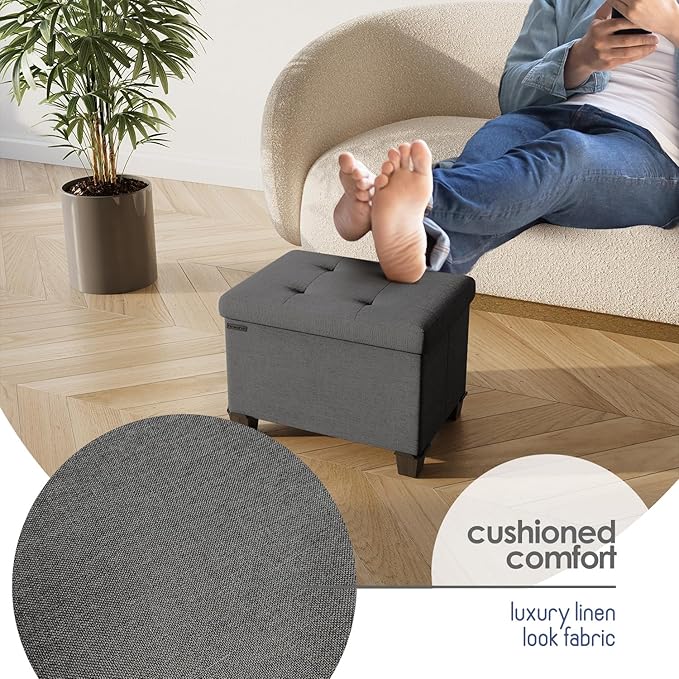 Storage Ottoman Cube with Small Bin, 16-in Square Ottoman with Storage for Living Room and Bedroom, Small Ottomans Foot Rest, Fabric Foot Stools Ottomans Max 330lbs, Grey