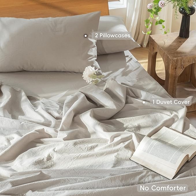 MooMee Bedding Duvet Cover Set 100% Washed Cotton Linen Like Textured Breathable Durable Soft Comfy (Heathered Cream Grey, Full 80"x90")