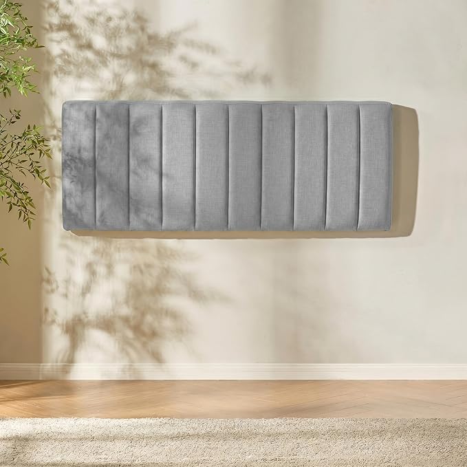 Hearth & Harbor Upholstered Queen Headboard - Easy Assemble Channel Stitched Headboard Queen Size - Wall Mounted Headboards with 3D Soundproof Wall Panels Peel & Stick Floating Headboards, Silver