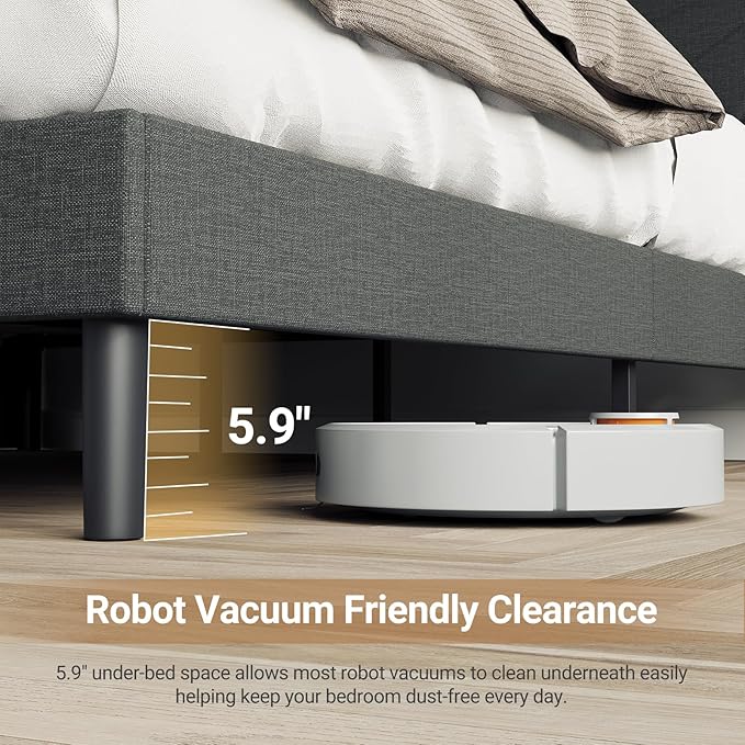 COLAMY Queen Bed Frame with Charging Station & LED Lights, Upholstered Headboard with 2-Tier Storage, Heavy Duty Metal Platform Bed with Wood Slats, No Box Spring, Noise-Free, Easy Assembly, Grey