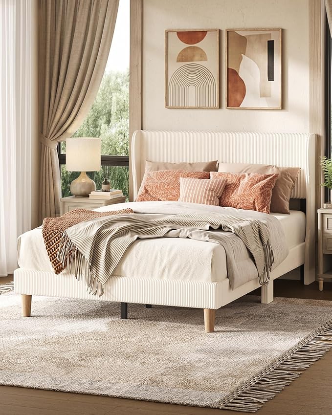 Bestier Full Bed Frame with Wingback Headboard,Upholstered Platform Full Size Bed with Strong Wooden Slats,No Box Spring Needed,Never Squeaks,Easy Assembly,Beige