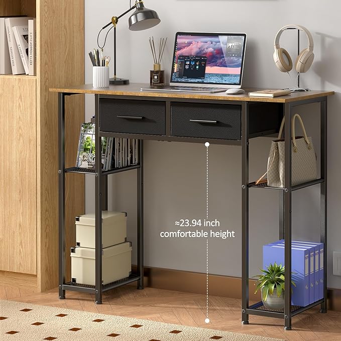 DAOUTIME Computer Desk with Drawers, 37.3 Inch Home Office Work Desk with Storage Shelf, Kids Teens Study Table for Small Space, Small Writing PC Table for Bedroom Makeup Vanity Desk, Brown