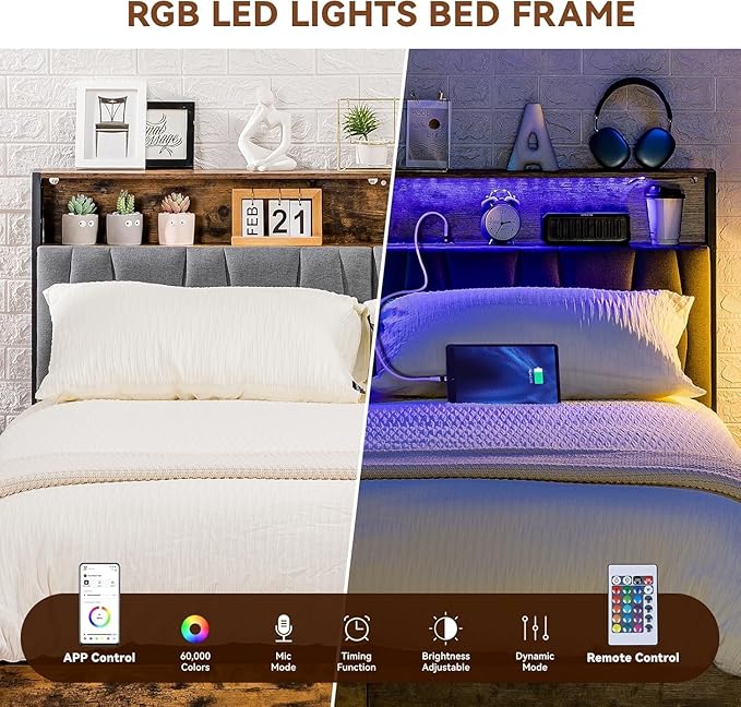 COMHOMA Queen Size Platform Bed Frame with LED Lights and Charging Station, Storage Headboard and Footboard Drawers, No Box Spring Needed, Rustic Wood Look