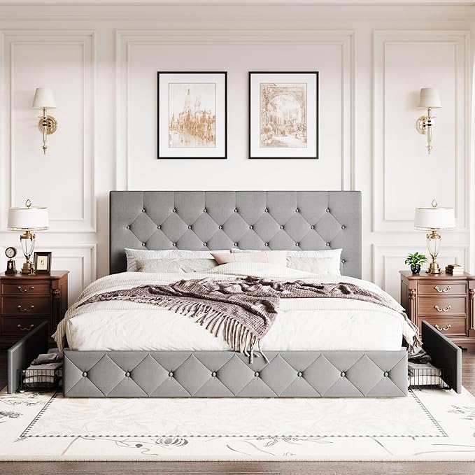 SHA CERLIN Upholstered King Size Platform Bed Frame with 4 Storage Drawers, Adjustable Headboard with Diamond Stitched Button Tufted Design, Wooden Slat Support, No Box Spring Needed, Light Grey