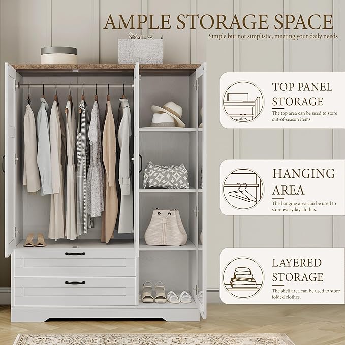 Yechen 3-Door Wooden Armoire Wardrobe Closet with Drawers and Shelves, Bedroom Armoires Closet with Mirror for Hanging Clothes, Coat, Farmhouse Wardrobe Cabinet for Large Storage Needed