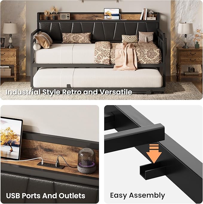 LIKIMIO Twin XL Daybed, Day Bed with Trundle, Storage Upholstered Headboard and Charging Station, Trundle Bed with Strong Supports for Living Room, Bedroom, and Guest Room, Black