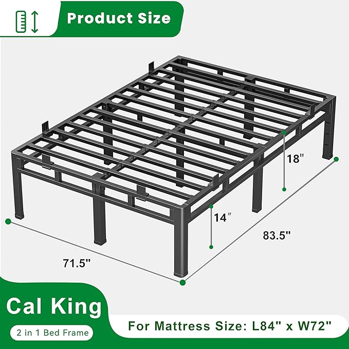 ROIL 18 Inch Cal King Bed Frame, Double Layer Metal Bed Frame with Round Corner Legs, 4000LBS Bed Frame & Box Spring 2 in 1 Platform with Headboard Holes Mattress Baffles, Noise-Free Easy Assembly