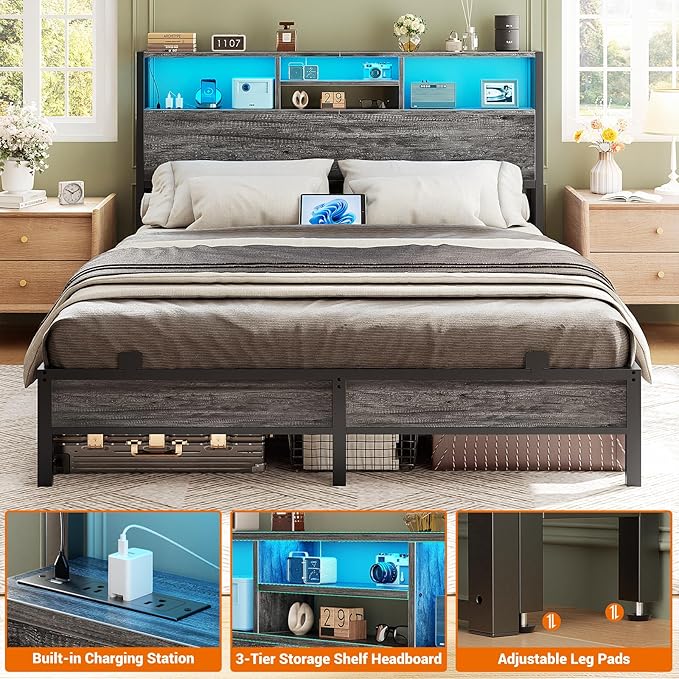 Aheaplus Headboard for Full Size Bed with Storage, Headboards with Outlets, USB Ports and LED Light, Full Size Head Board Only, Height Adjustable, Reversible, Sturdy and Stable Headboard, Black Oak
