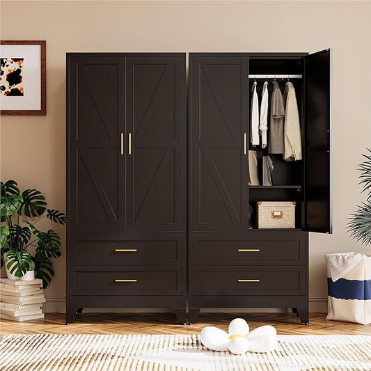 COFaR Black Metal Wardrobe Closet with 2 Drawers, 71" Steel Armoire Cabinet with Hanging Rod & Adjustable Shelf, Modern Freestanding Closet Organizer with Doors