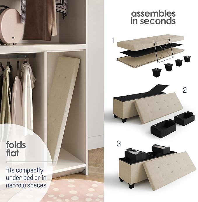 Storage Ottoman Bench with Bins, 43-in Storage Bench for Bedroom End of Bed, Folding Foot Rest Ottoman for Living Room Max 660lbs, Fabric Ottomans, Beige