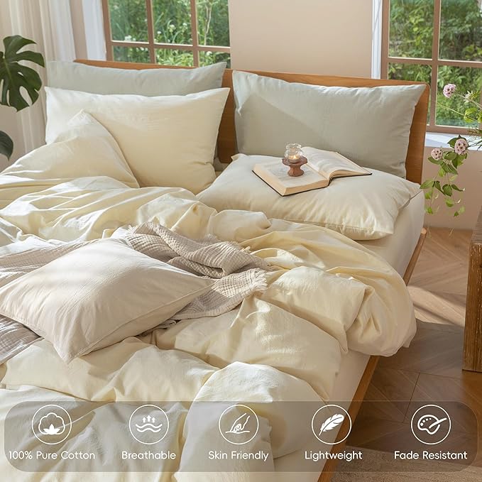 MooMee Bedding Duvet Cover Set 100% Washed Cotton Linen Like Textured Breathable Durable Soft Comfy (Solid Cream, Palatial King/Oversized King 120"x90")