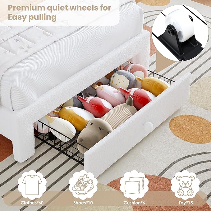 GarveeHome Twin Upholstered LED Bed Frame - with Storage Drawer and Rainbow Headboard, Berber Fleece Princess Platform Bed for Kids, Solid Wood Slat Support, No Box Spring Needed, Easy Assembly, White
