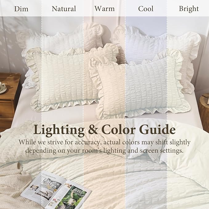 JOLLYVOGUE Ivory Comforter Full Size, 3 Pieces Seersucker Lightweight Full Size Bedding, All Season Fluffy Microfiber Bedding Comforter Set with 1 Ruffle Comforter and 2 Ruffle Pillowshams