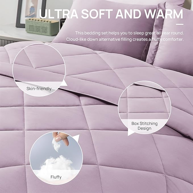 Love's cabin California King Comforter Set Light Purple, 7 Pieces California King Bed in a Bag, All Season Bedding Sets with 1 Comforter, 1 Flat Sheet, 1 Fitted Sheet, 2 Pillowcase and 2 Pillow Sham | Soft, Breathable, Lightweight, Comfortable