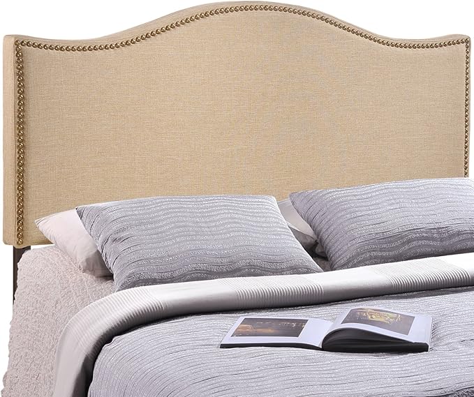 Modway Curl Linen Fabric Upholstered Queen Headboard with Nailhead Trim and Curved Shape in Café