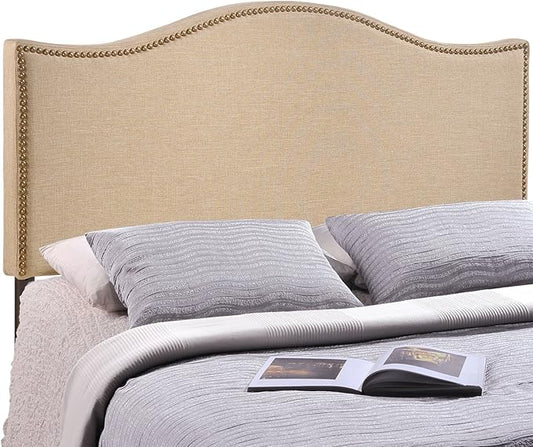 Modway Curl Linen Fabric Upholstered Queen Headboard with Nailhead Trim and Curved Shape in Café