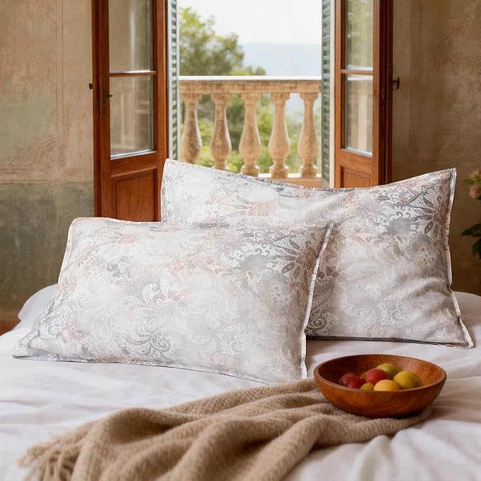 CHUFFED 100% French Linen Pillow Cases Beige Iris Print, Farmhouse Floral Stone Washed Pillow Shams with Envelope Closure Soft Breathable Vintage Pillow Covers for Decor,20x36 inches