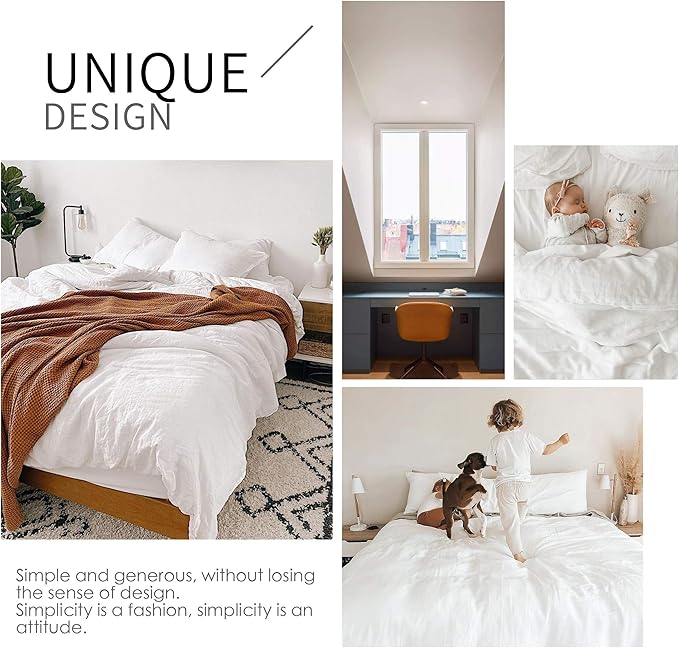 Simple&Opulence 100% Linen Duvet Cover Set 3pcs Basic Style Natural French Washed Flax Solid Color Soft Breathable Farmhouse Bedding with Button Closure - White, Full