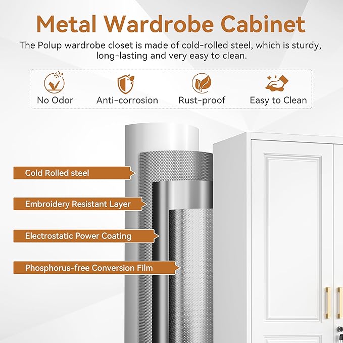 Polup Metal Armoire Wardrobe Closet with Doors, 71" Tall Wardrobe Cabinet with Lock, Hanging Rod and 3 Adjustable Shelves, Steel Clothing Storage Cabinet for Bedroom, Home Office, Employee, Gym, White